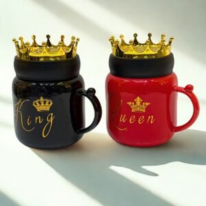 Luxury King and Queen Couple Mug Set | Gold Crown Lid Ceramic Coffee Mugs | Romantic Anniversary Gift