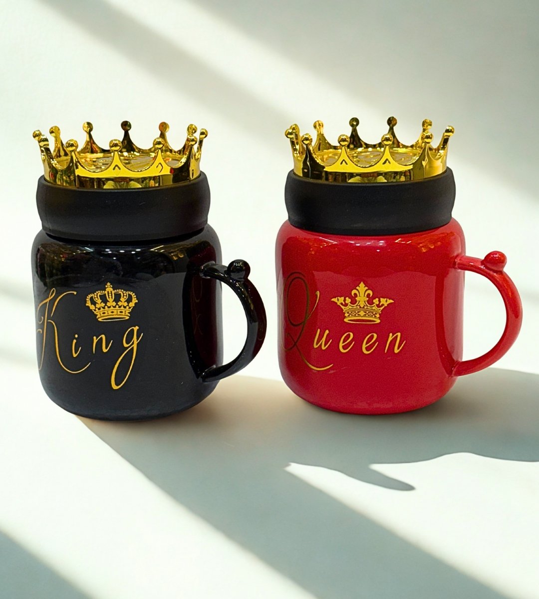 Luxury King and Queen Couple Mug Set | Gold Crown Lid Ceramic Coffee Mugs | Romantic Anniversary Gift