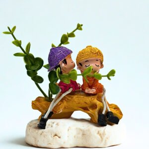 Couple Statue- Two Tiny Friends Sitting Peacefully on a Leafy Bench Figurine Sharing Happiness