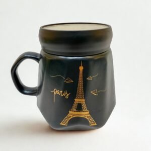 Matte Black Ceramic Eiffel Tower Mug with Lid | Luxury Paris Theme Coffee Cup | Travel & Gift Idea