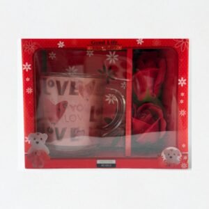 Romantic 'LOVE' Theme Mug & Rose Gift Set | Valentine's Day / Anniversary Present Box | Red Ceramic Mug & 2 Roses