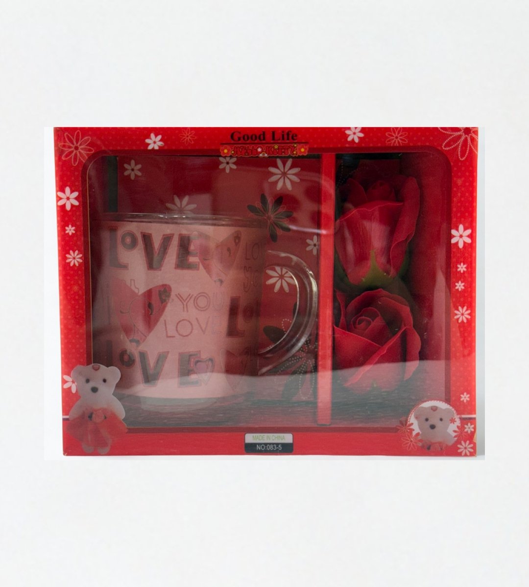 Romantic 'LOVE' Theme Mug & Rose Gift Set | Valentine's Day / Anniversary Present Box | Red Ceramic Mug & 2 Roses