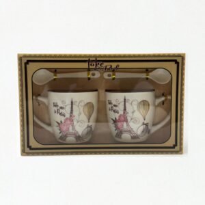 Paris Theme Ceramic Couple Mug Set | 2-Piece Coffee Mugs & Spoons | "Take Me To Paris" Design | Ideal Gift Set